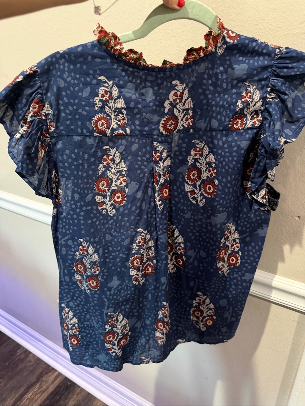 THML Blue Floral 100% Cotton Boho Ruffle Sleeve Blouse Top M - Picture 8 of 16